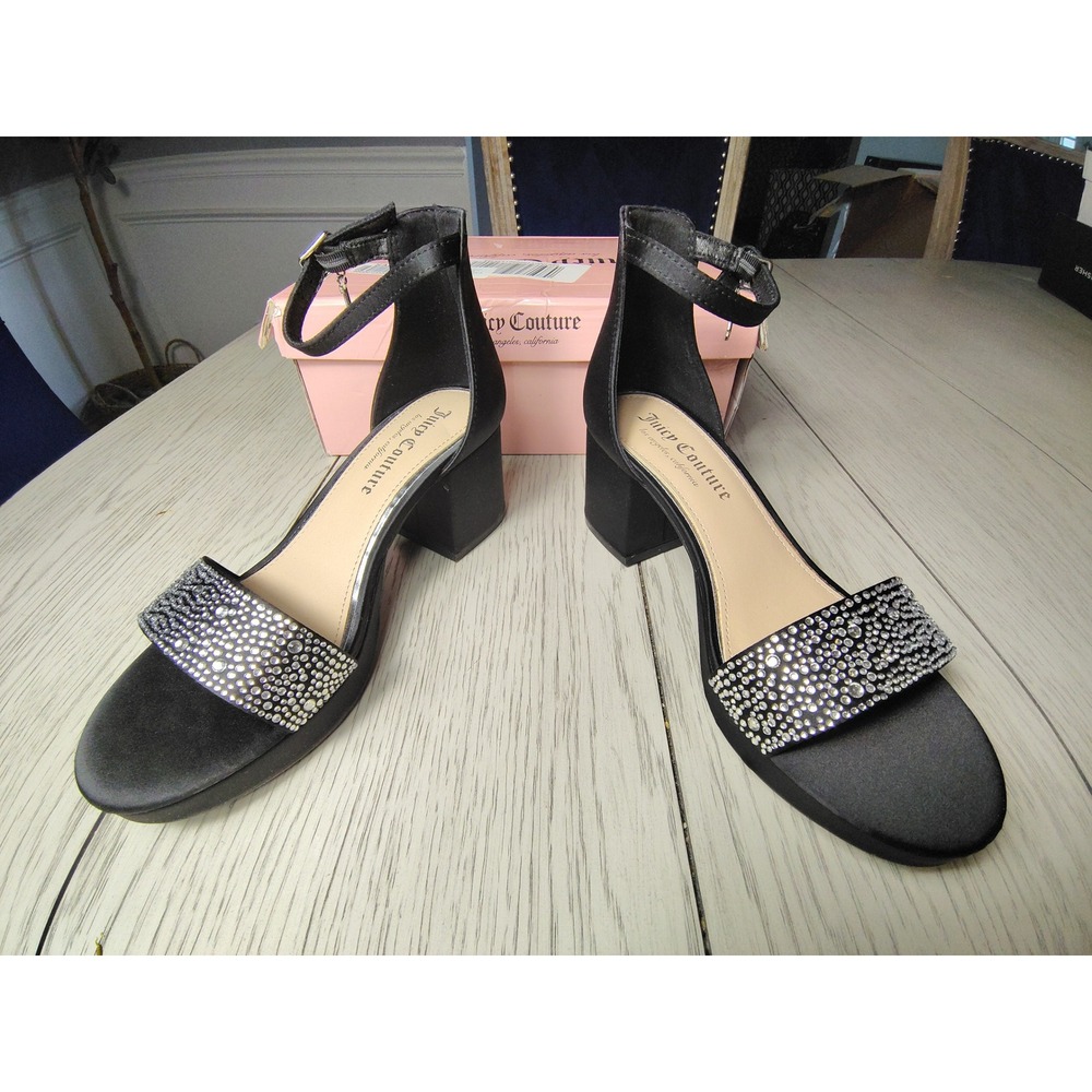 Juicy Couture JC-Nelly Black Satin Rhinestone Block Heel Sandals Womens 6